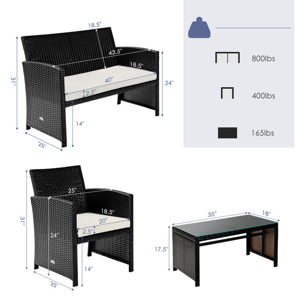 4-Piece Upholstered Rattan Patio Furniture Set - White