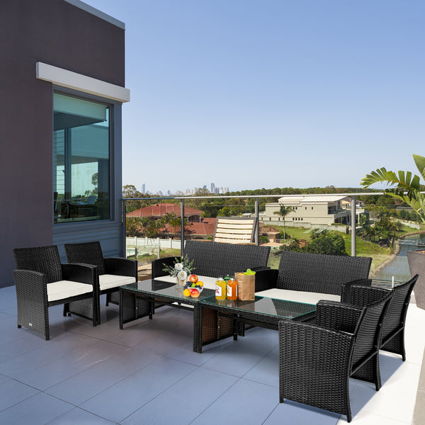 4-Piece Upholstered Rattan Patio Furniture Set - White