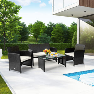 4-Piece Upholstered Rattan Patio Furniture Set - White