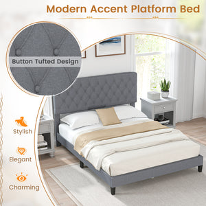 Queen Size Upholstered Platform Bed with Button-Tucked Headboard - Queen and Grey