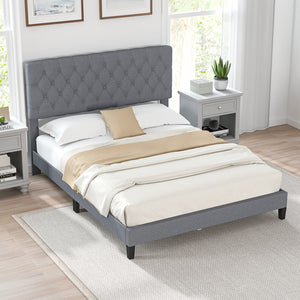Queen Size Upholstered Platform Bed with Button-Tucked Headboard - Queen and Grey