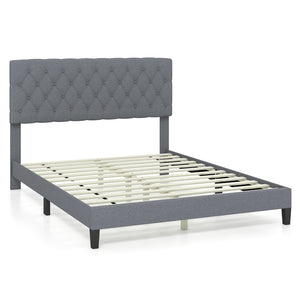 Queen Size Upholstered Platform Bed with Button-Tucked Headboard - Queen and Grey