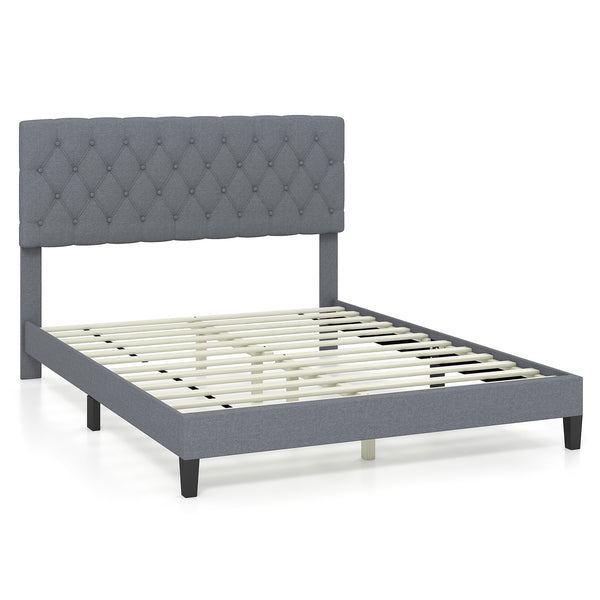 Queen Size Upholstered Platform Bed with Button-Tucked Headboard - Queen and Grey