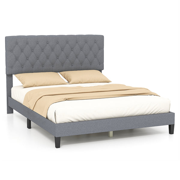 Queen Size Upholstered Platform Bed with Button-Tucked Headboard - Queen and Grey