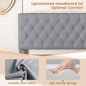 Queen Size Upholstered Platform Bed with Button-Tucked Headboard - Queen and Grey