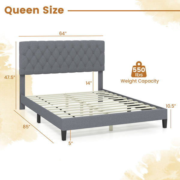 Queen Size Upholstered Platform Bed with Button-Tucked Headboard - Queen and Grey