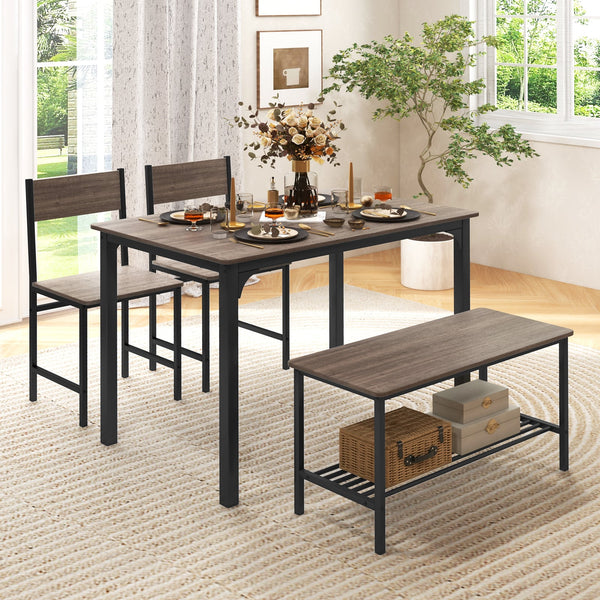 4-Piece Rustic Dining Set with 2 Chairs and Bench - Gray