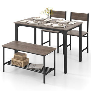 4-Piece Rustic Dining Set with 2 Chairs and Bench - Gray