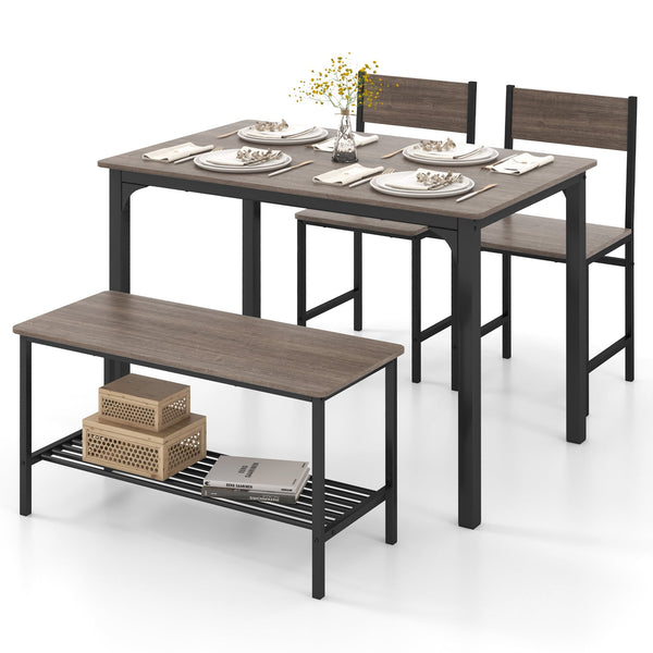 4-Piece Rustic Dining Set with 2 Chairs and Bench - Gray