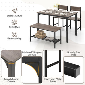 4-Piece Rustic Dining Set with 2 Chairs and Bench - Gray
