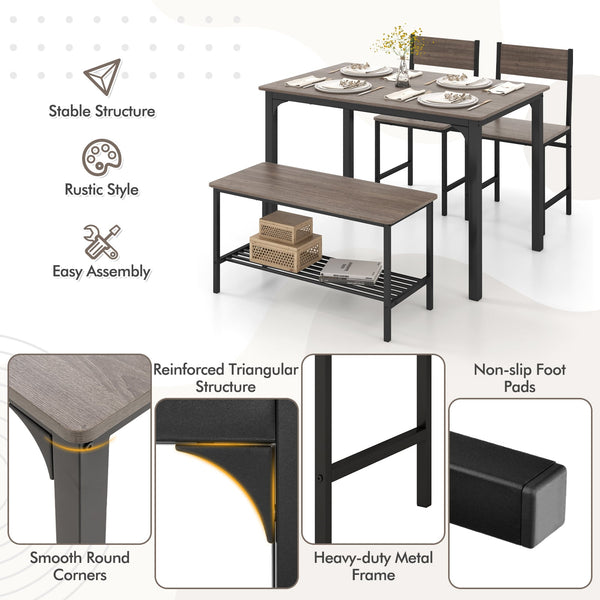 4-Piece Rustic Dining Set with 2 Chairs and Bench - Gray