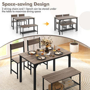 4-Piece Rustic Dining Set with 2 Chairs and Bench - Gray