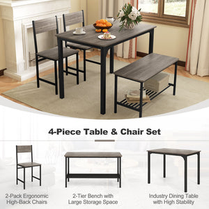 4-Piece Rustic Dining Set with 2 Chairs and Bench - Gray
