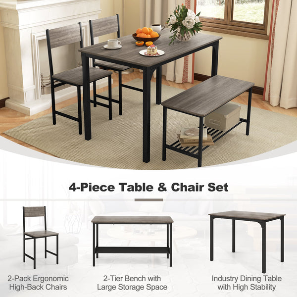 4-Piece Rustic Dining Set with 2 Chairs and Bench - Gray