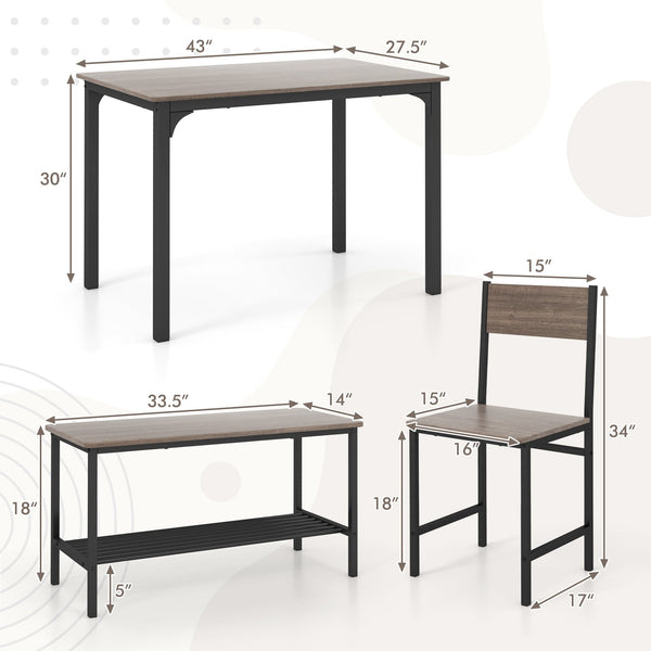 4-Piece Rustic Dining Set with 2 Chairs and Bench - Gray