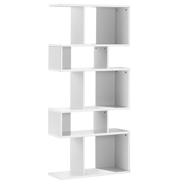 Geometric 5-tier wooden bookcase with an S-shaped design - White