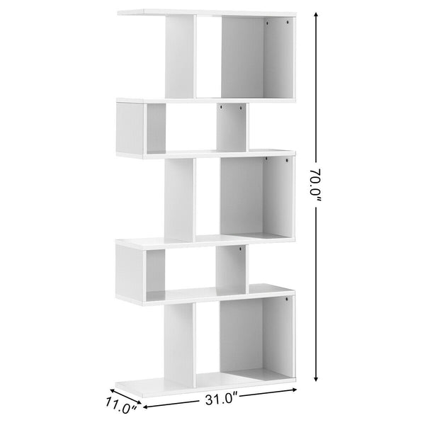 Geometric 5-tier wooden bookcase with an S-shaped design - White