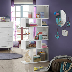 Geometric 5-tier wooden bookcase with an S-shaped design - White