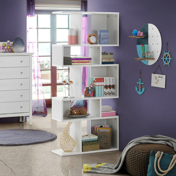 Geometric 5-tier wooden bookcase with an S-shaped design - White