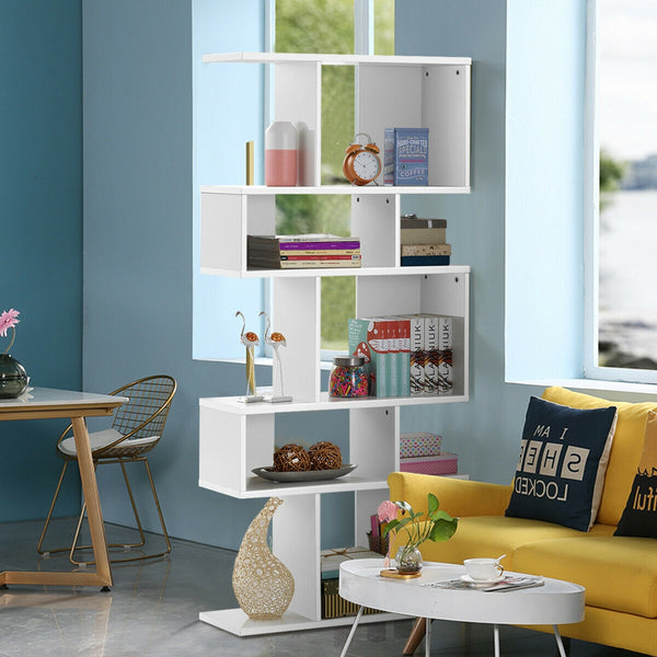 Geometric 5-tier wooden bookcase with an S-shaped design - White
