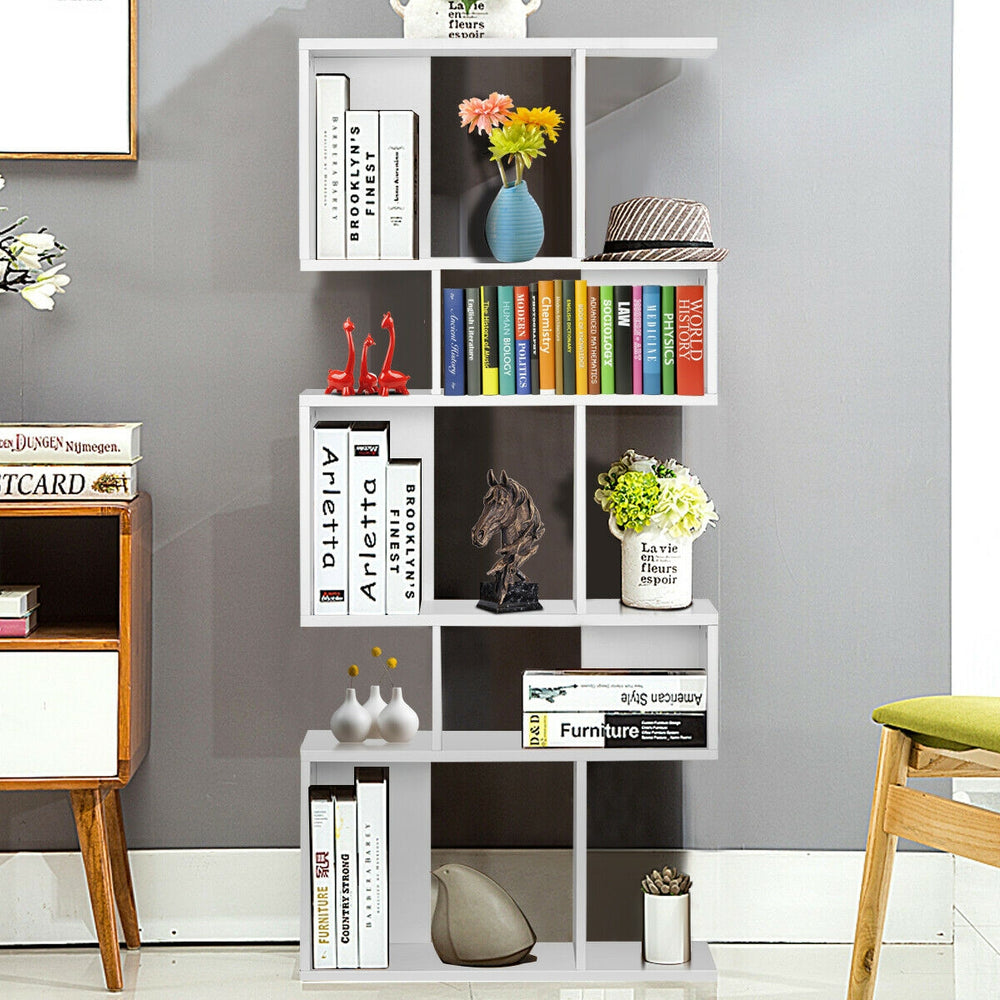 Geometric 5-tier wooden bookcase with an S-shaped design - White