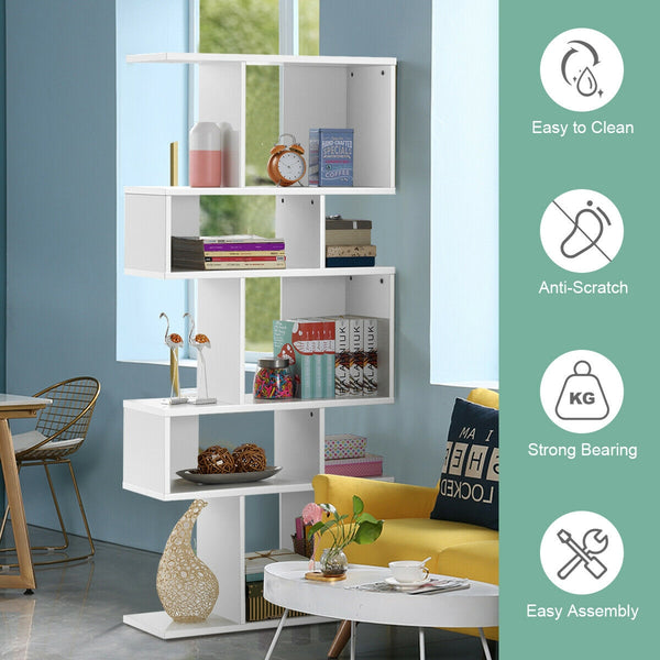 Geometric 5-tier wooden bookcase with an S-shaped design - White