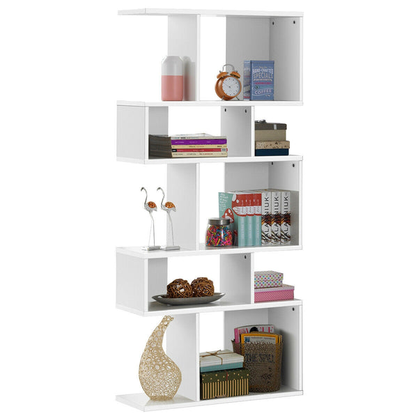 Geometric 5-tier wooden bookcase with an S-shaped design - White
