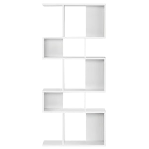 Geometric 5-tier wooden bookcase with an S-shaped design - White