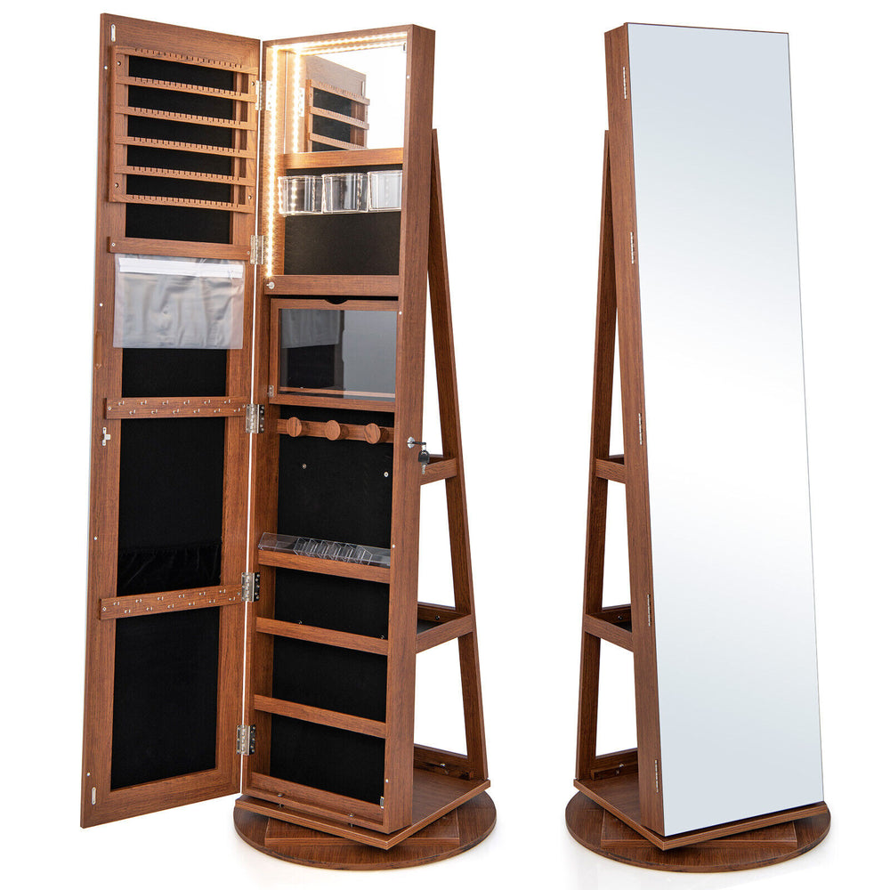 Jewelry cabinet with 360° rotating mirror, 3 color LED modes, lockable - Dark Brown
