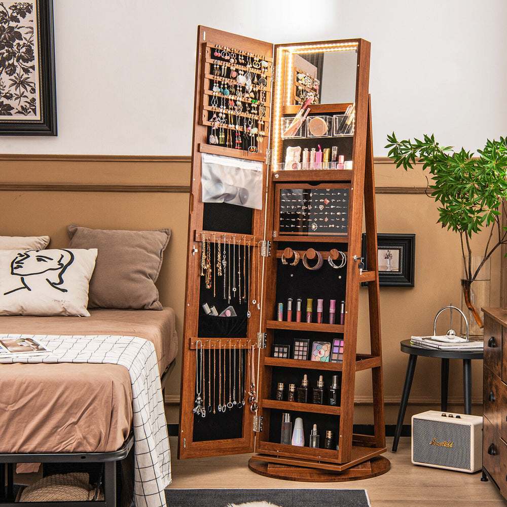 Jewelry cabinet with 360° rotating mirror, 3 color LED modes, lockable - Dark Brown