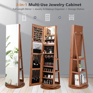 Jewelry cabinet with 360° rotating mirror, 3 color LED modes, lockable - Dark Brown