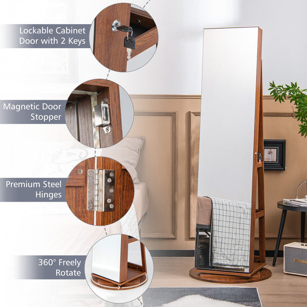 Jewelry cabinet with 360° rotating mirror, 3 color LED modes, lockable - Dark Brown