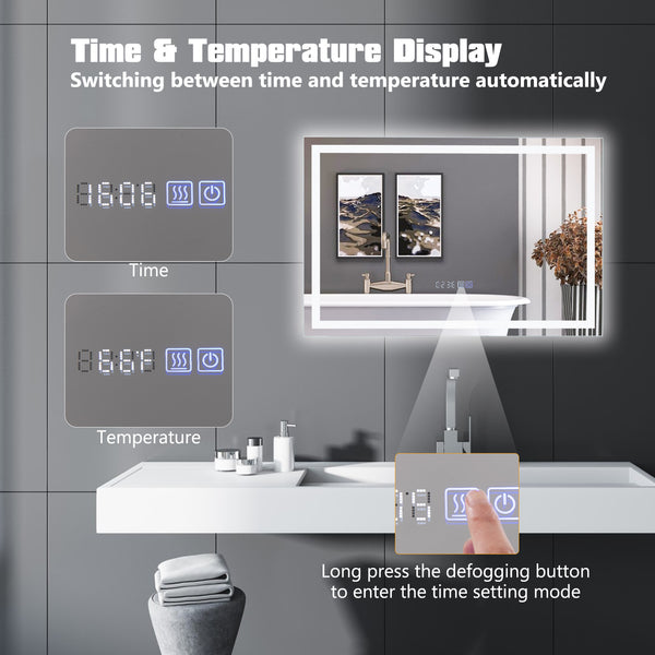 Miroir de salle de bain à LED miroir rectangulaire mural avec lumières à intensité variable à 3 couleurs-S