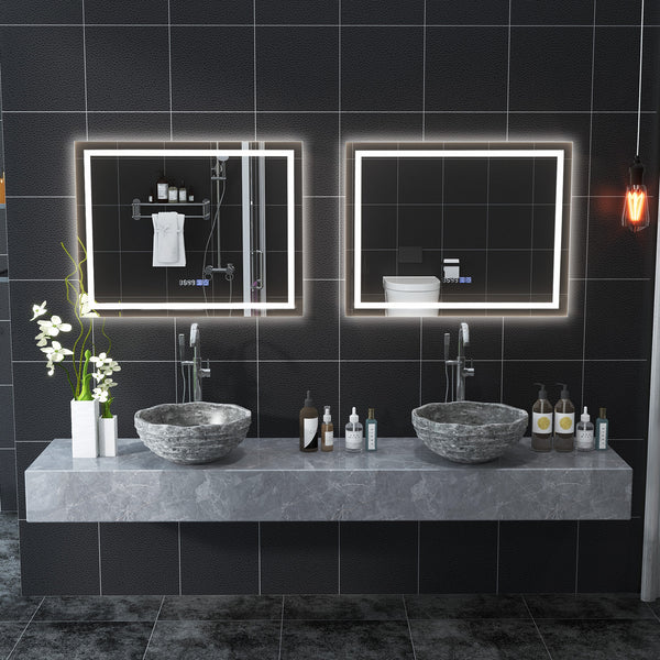 LED bathroom mirror, rectangular wall-mounted mirror with 3-color dimmable lights - M