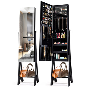 Standing Jewelry Armoire with Mirror - Black