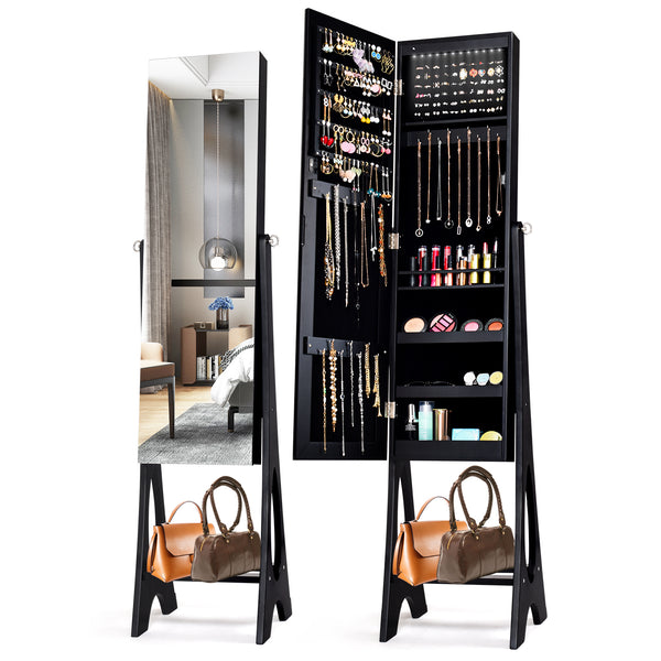 Standing Jewelry Armoire with Mirror - Black