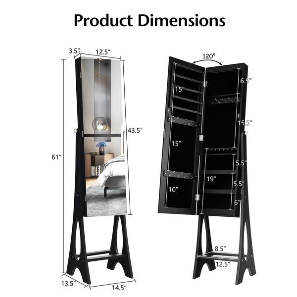 Standing Jewelry Armoire with Mirror - Black