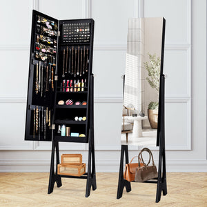 Standing Jewelry Armoire with Mirror - Black