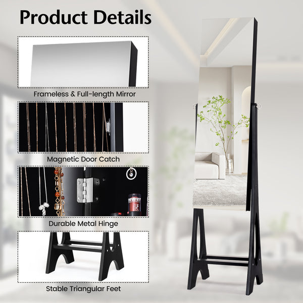 Standing Jewelry Armoire with Mirror - Black