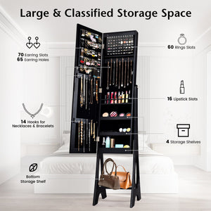 Standing Jewelry Armoire with Mirror - Black