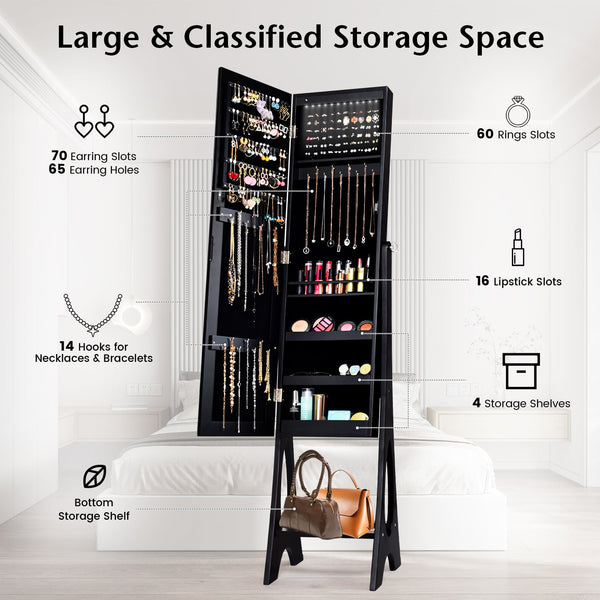 Standing Jewelry Armoire with Mirror - Black