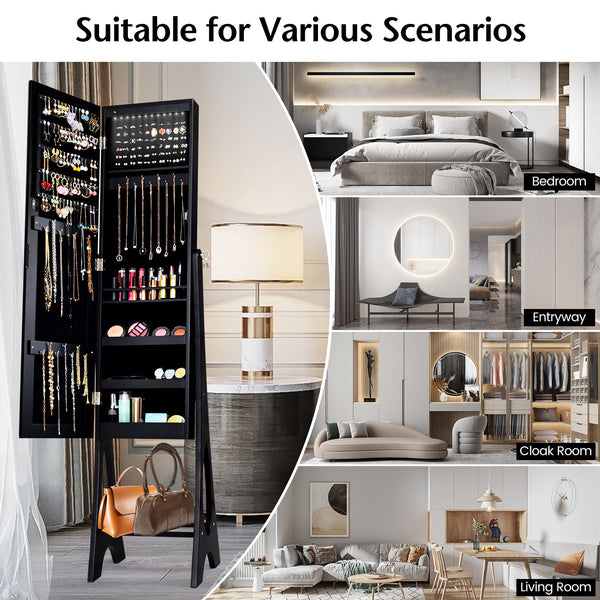 Standing Jewelry Armoire with Mirror - Black