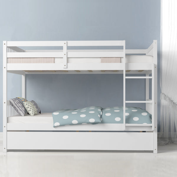 Full bunk bed on a wooden platform bed