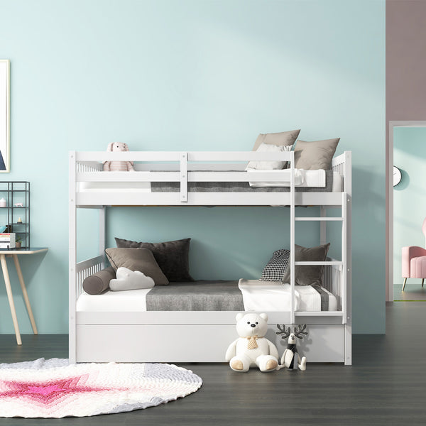 Full bunk bed on a wooden platform bed