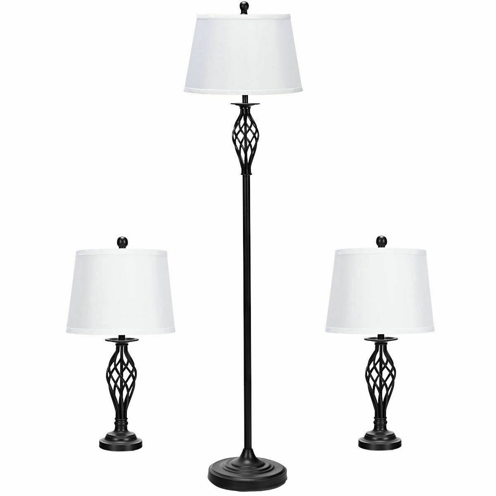 Set of 3 lamps: 2 table lamps and 1 floor lamp with fabric shades