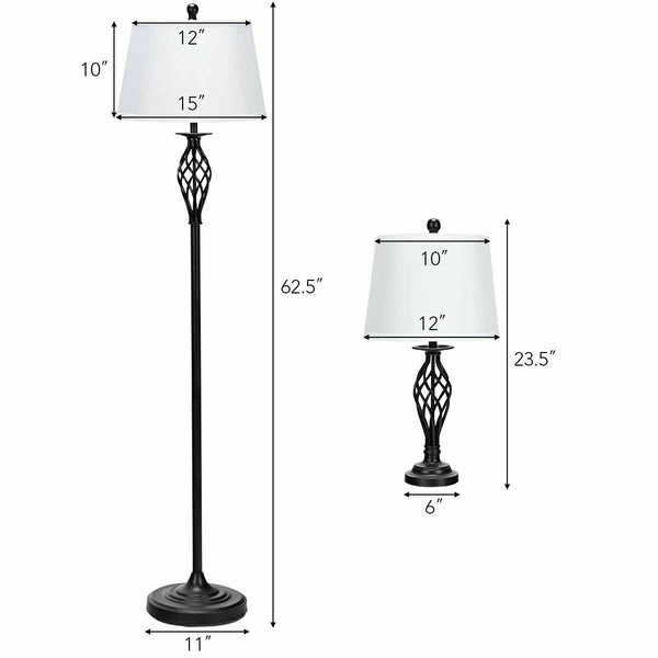 Set of 3 lamps: 2 table lamps and 1 floor lamp with fabric shades