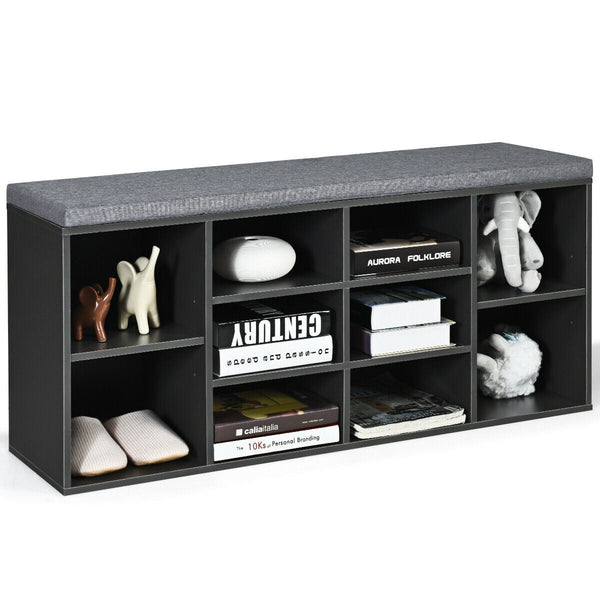 Upholstered entryway shoe storage bench with 10-cube organizer - Gray