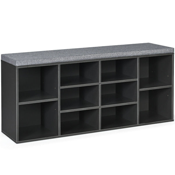 Upholstered entryway shoe storage bench with 10-cube organizer - Gray