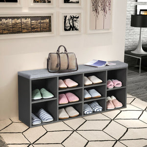 Upholstered entryway shoe storage bench with 10-cube organizer - Gray
