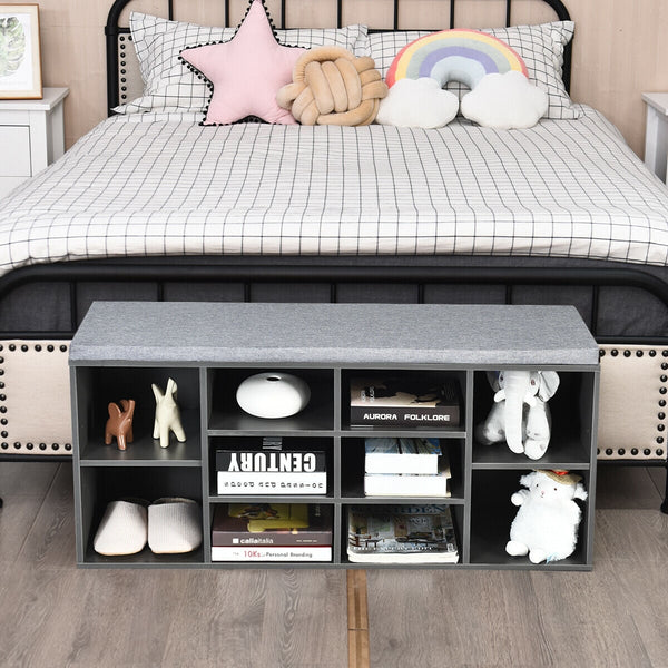 Upholstered entryway shoe storage bench with 10-cube organizer - Gray
